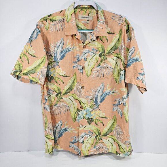 Tommy Bahama Original Fit 100% Silk Peach Floral Hawaiian Shirt Large - Picture 1 of 6